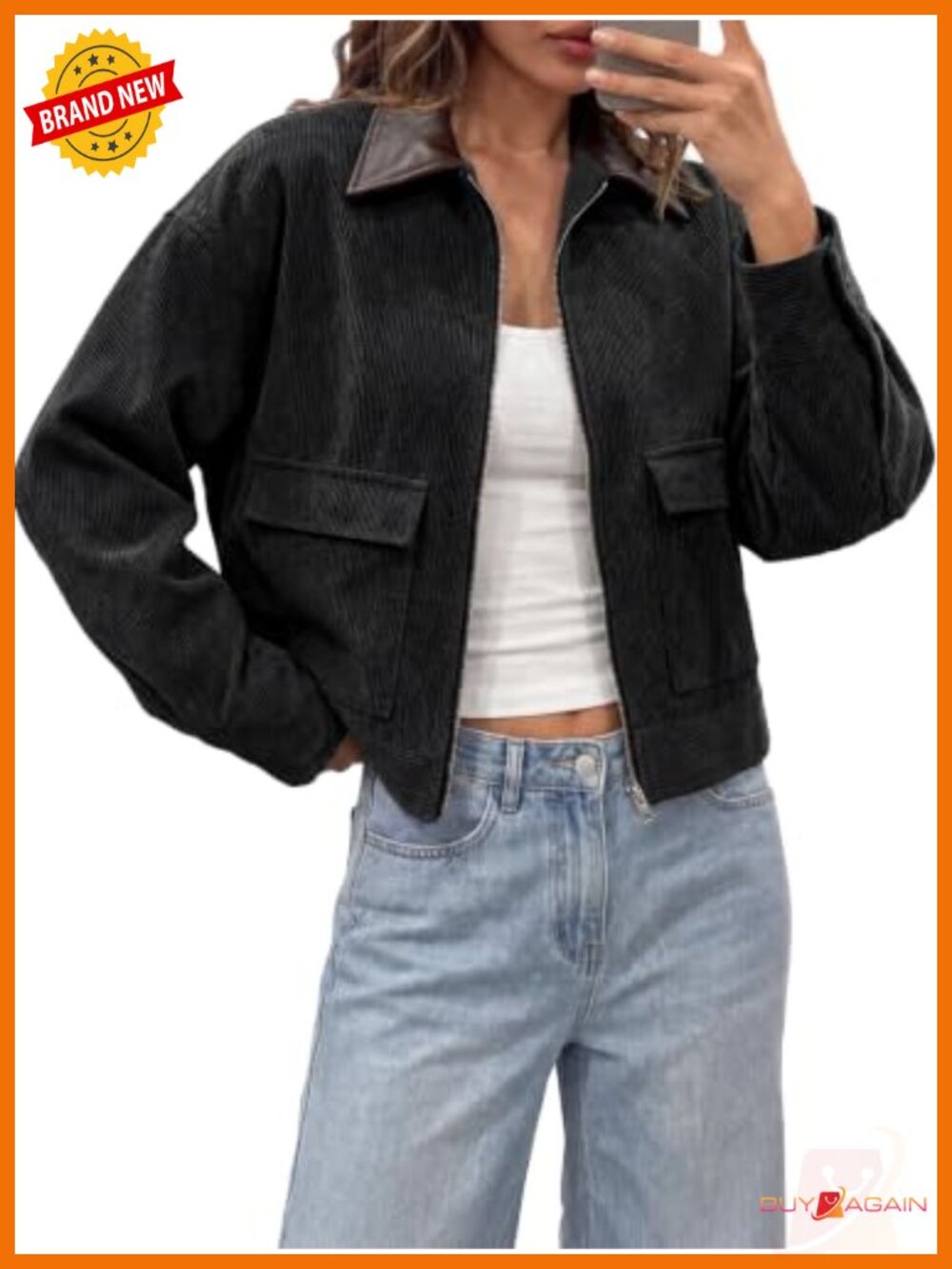 Cropped Corduroy Oversized Zip Up Barn Bomber Jacket